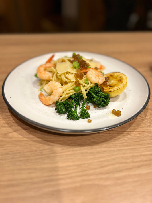 Sticky Balsamic Flavour Pearls with Prawn Pasta, Broccolini and Caramelised lemon