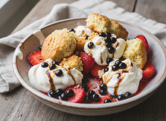 layers of broken biscuits, whipped cream and fresh strawberries with glossy dark Original Balsamic Pearls nestled into the cream and berries, with a little balsamic liquid.