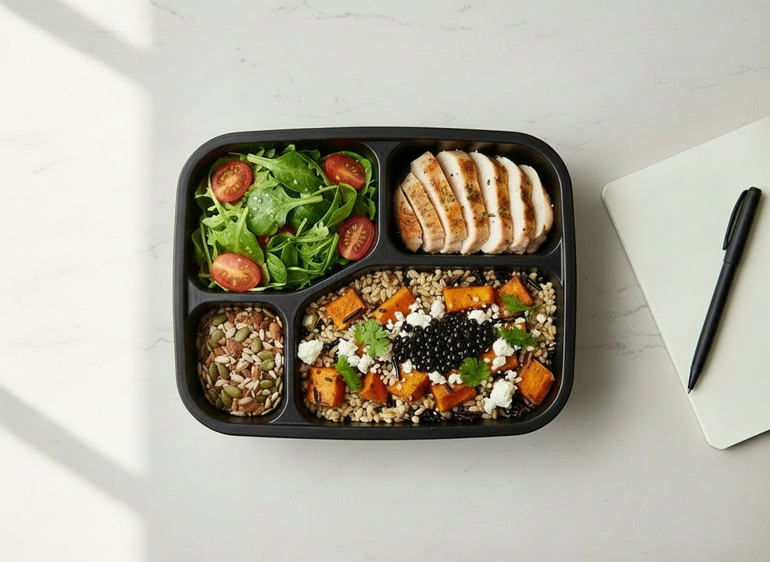 Meal prep lunchbox with spinach and cherry tomato salad, sliced chicken, mixed seeds, and a grain bowl topped with roasted pumpkin, feta, and large balsamic pearls on a light desk beside a notebook and pen
