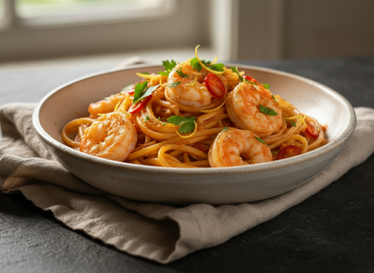  Bowl of garlic chilli prawn linguine coated in glossy sauce, topped with parsley and lemon zest, shot in warm natural light.