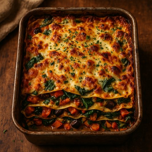 Close-up overhead view of freshly baked Mediterranean beef and vegetable lasagne in white ceramic baking dish, showing golden bubbly cheese top with visible pasta layers, garnished with fresh basil leaves