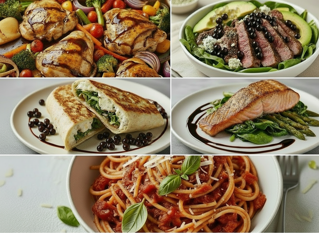 Collage of five midweek dinners finished with balsamic drizzle and pearls