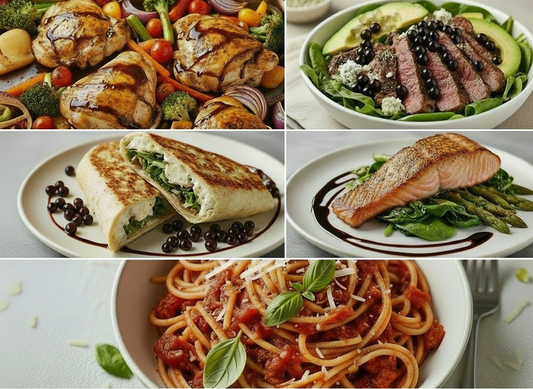 Collage of five midweek dinners finished with balsamic drizzle and pearls