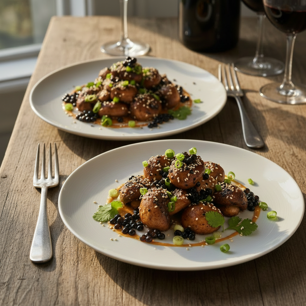Two beautifully plated servings of Sticky Balsamic Glazed Miso Butter Mushrooms with sesame seeds, green onions, cilantro, and balsamic pearls on white plates, set on a wooden table with elegant place settings and wine glasses.