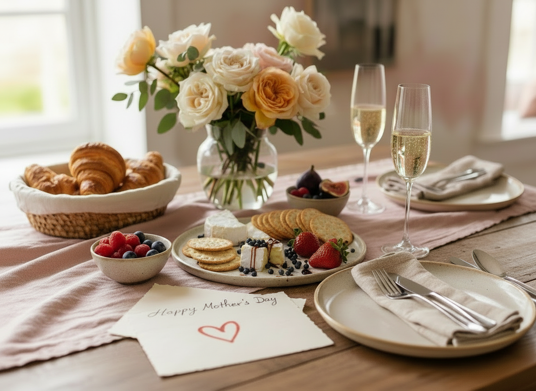 Mother’s Day brunch table with flowers, sparkling drinks, croissants, berries and a cheese platter topped with balsamic pearls and a light balsamic drizzle, plus a “Happy Mother’s Day” card.