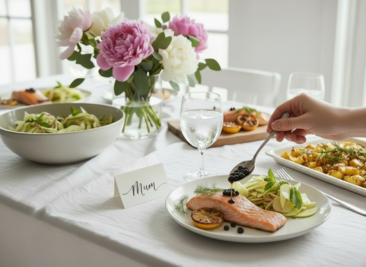 Mother's day with salmon and Sticky Balsamic Pearls on a white tablecloth and white plate