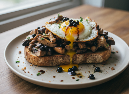 Mushroom toast with fried egg and Truffle Balsamic Pearls
