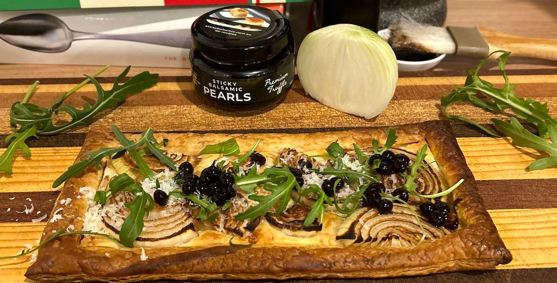 Balsamic Onion Tart with Sticky Balsamic Pearls