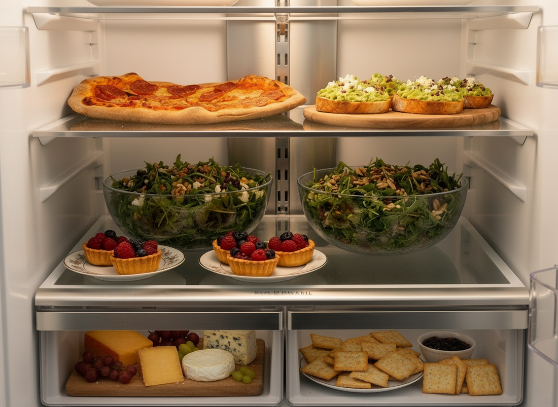 Open fridge with pizza, avocado toast, salads, berry tarts, chocolate cakes, and flatbread, all neatly placed on plates or in containers.