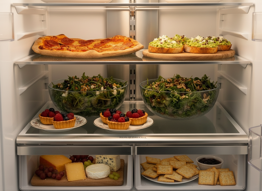 Open fridge with pizza, avocado toast, salads, berry tarts, chocolate cakes, and flatbread, all neatly placed on plates or in containers.
