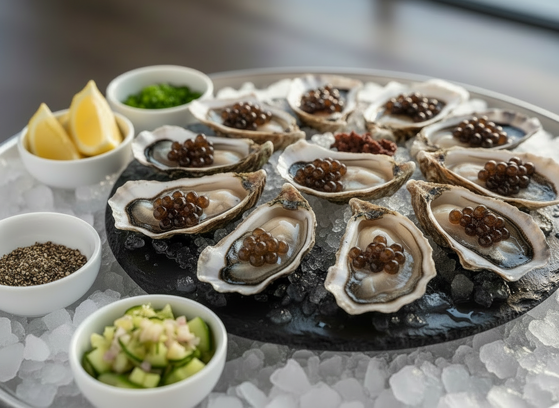 Fresh oysters on ice on a slate platter, each topped with dark balsamic pearls, with lemon wedges and small bowls of garnishes alongside.