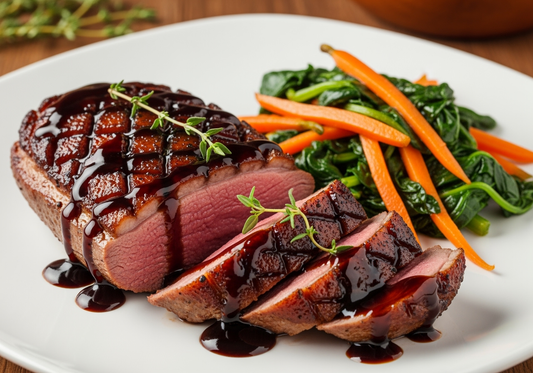 "Pan-seared duck breast slices with glossy Sticky Balsamic Premium Reserve glaze coating, served with sautéed carrots and wilted spinach on white plate