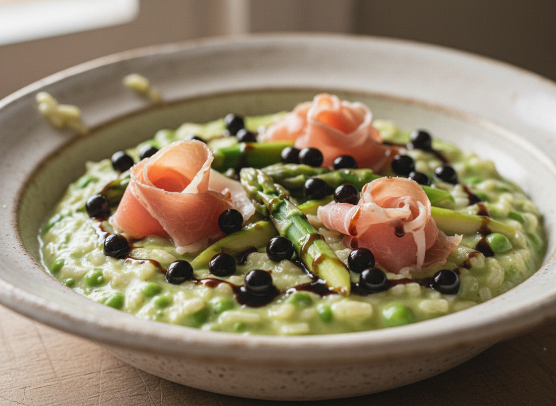 creamy pea risotto topped with prosciutto ribbons and asparagus