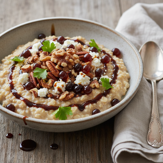 A hyper-realistic bowl of savoury oat porridge topped with crumbled feta, roasted mixed nuts, small dark amber Sticky Balsamic Quince Pearls, and a balsamic drizzle, garnished with fresh parsley on a rustic wooden table.