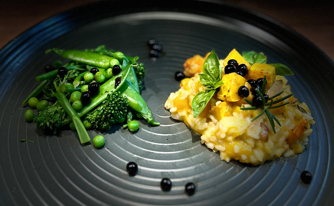 Pumpkin Risotto, Greens and Sticky Balsamic Pearls