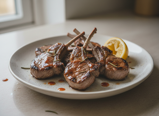 Grilled lamb cutlets on a ceramic plate with a light Sticky Balsamic glaze, rosemary, and a lemon wedge.