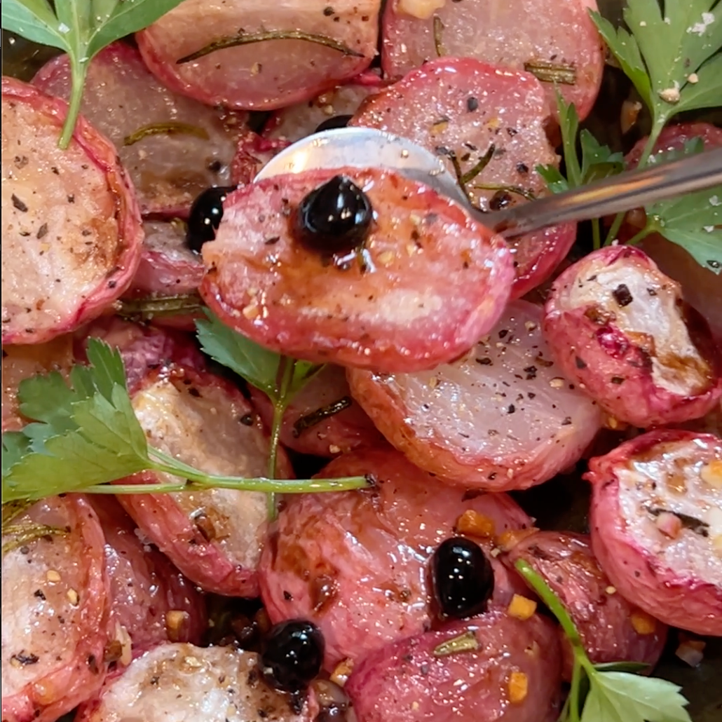 Roasted Garlic Radishes with Sticky Balsamic Pearls