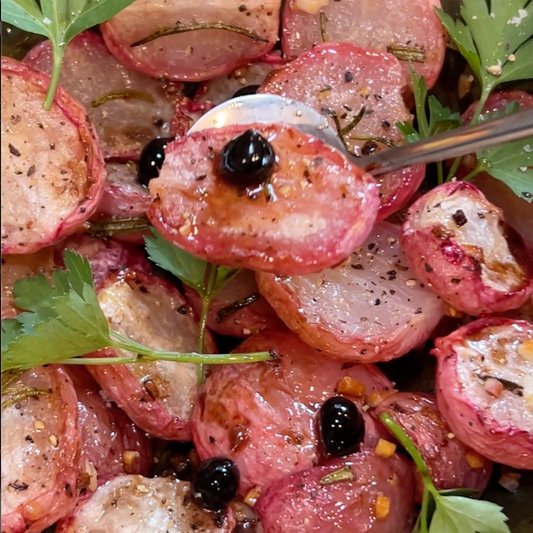 Roasted Garlic Radishes with Sticky Balsamic Pearls