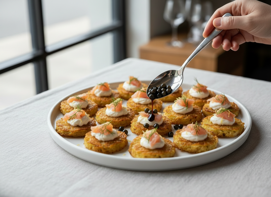 Mini potato rosti bites topped with crème fraîche and smoked trout, finished with balsamic pearls and a small balsamic drip from a spoon.