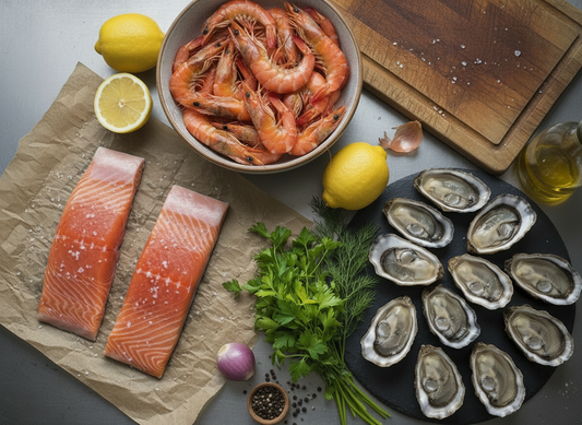 Overhead photo of raw seafood ingredients on a kitchen bench: salmon fillets on paper, a bowl of prawns, oysters on a slate board, lemons, fresh herbs, pepper, a cutting board and a bottle of olive oil.