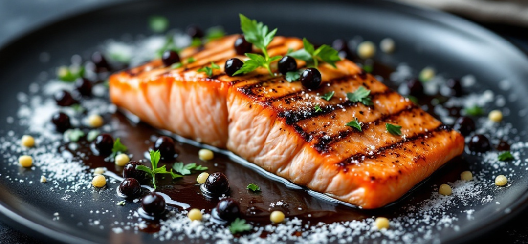 grilled salmon with sticky balsamic pearls on a dark plate