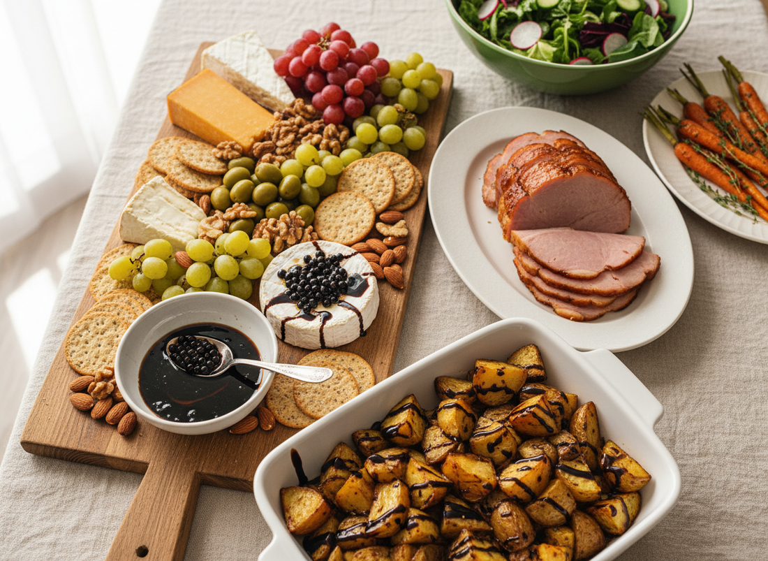 Easter savoury spread with grazing board, sliced ham, roasted carrots, green salad and balsamic-drizzled potatoes, with balsamic pearls served beside the cheeses