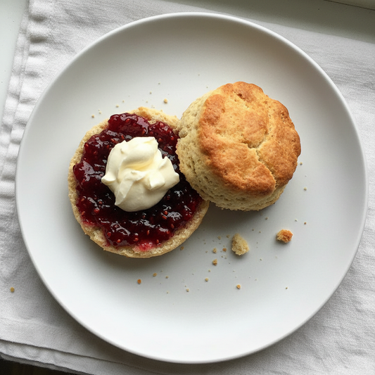 Split scone with mulberry rhubarb jam and clotted cream on white plate, ready to serve with afternoon tea
