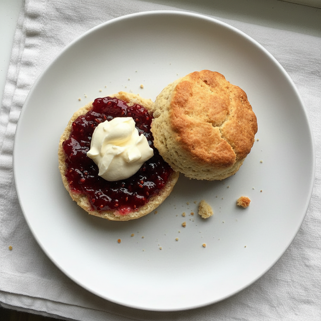 Split scone with mulberry rhubarb jam and clotted cream on white plate, ready to serve with afternoon tea