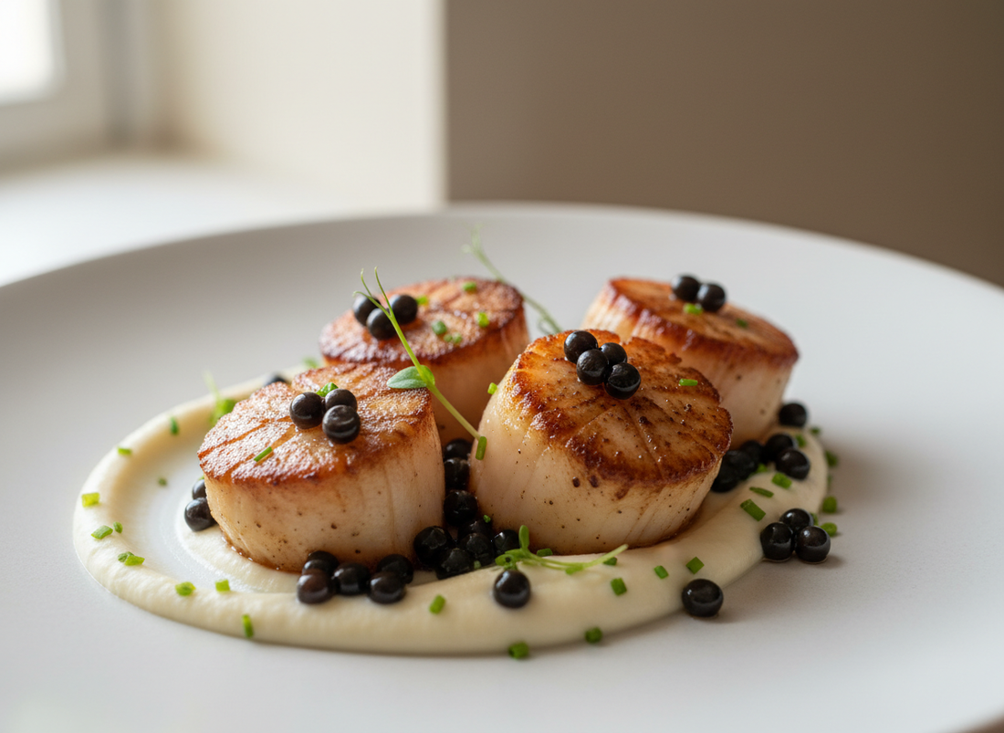 Four golden seared scallops on a swoosh of creamy cauliflower purée, topped with glossy black Lemon Balsamic Pearls and microgreens on a white plate.