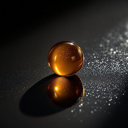  A single balsamic caviar, also known as Sticky Balsamic Premium Quince Pearl  on a black surface with the light shining from behind, showing a glorious colour reminiscent of honey.