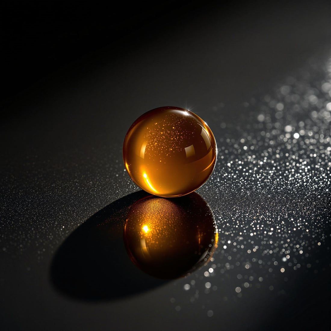  A single balsamic caviar, also known as Sticky Balsamic Premium Quince Pearl  on a black surface with the light shining from behind, showing a glorious colour reminiscent of honey.