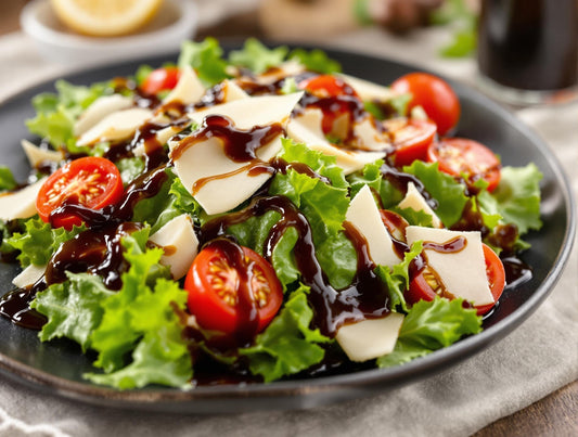 Fresh garden salad with premium balsamic dressing by Sticky Balsamic, showcasing the rich, dark Australian-made dressing perfectly coating crisp greens, cherry tomatoes, and shaved parmesan