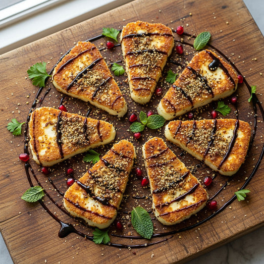 Crispy golden halloumi cheese slices coated in Sticky Balsamic Dukkah with balsamic glaze drizzle, garnished with pomegranate seeds and fresh herbs on rustic wooden board