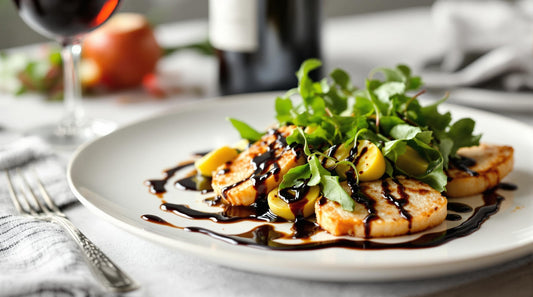 A white plate showing potato and other vegetables with finishing vinegar on top