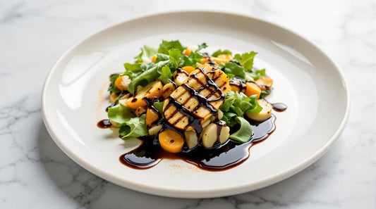 A white plate with potato, arugula, carrot salad with finishing vinegar on the top.