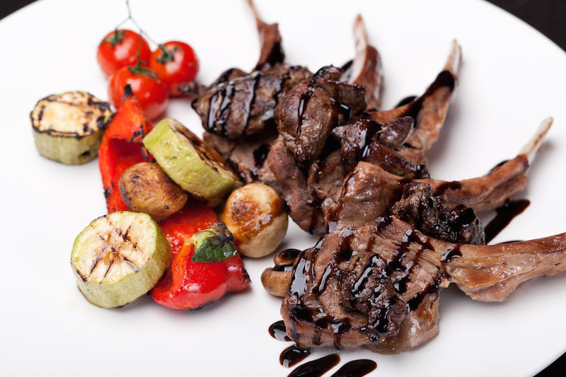 Sticky Balsamic Lamb Rack with Grilled Vegetables