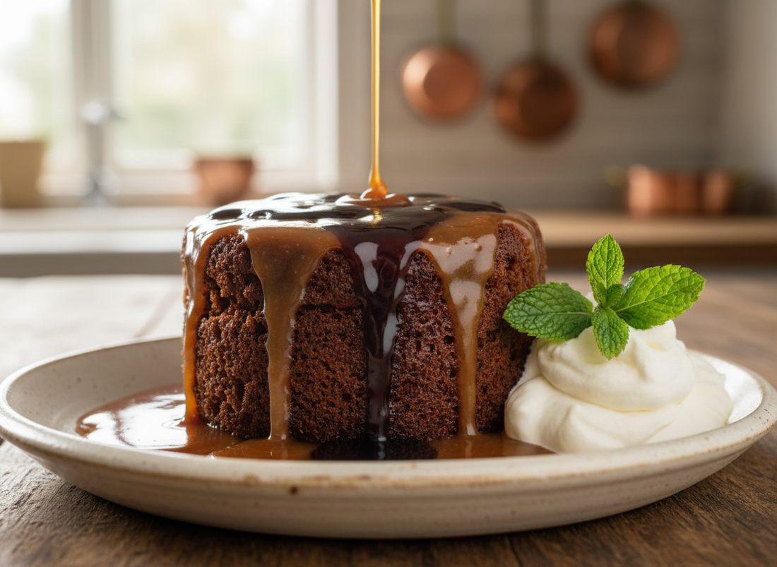 A warm sticky toffee pudding drizzled with glossy Sticky Balsamic Original and caramel sauce, served with whipped cream on a ceramic plate.