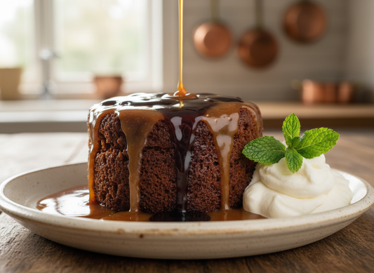 A warm sticky toffee pudding drizzled with glossy Sticky Balsamic Original and caramel sauce, served with whipped cream on a ceramic plate.