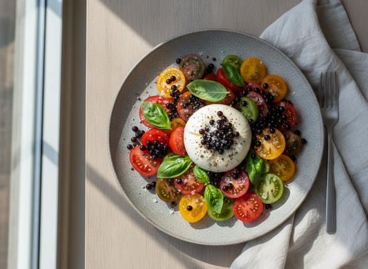 Overhead photo of burrata with heirloom tomatoes and basil on a ceramic plate, finished with glossy balsamic pearls in natural light.