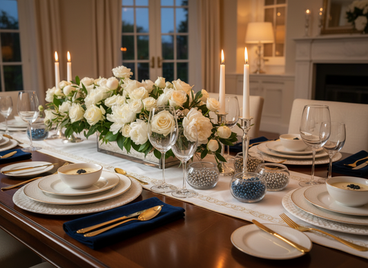 A beautifully styled dinner party table set for entertaining, featuring elegant dishes, fresh flowers, and a small bowl of gourmet pearls as edible décor.