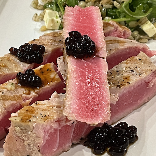 Seared Tuna with Sticky Balsamic Pearls