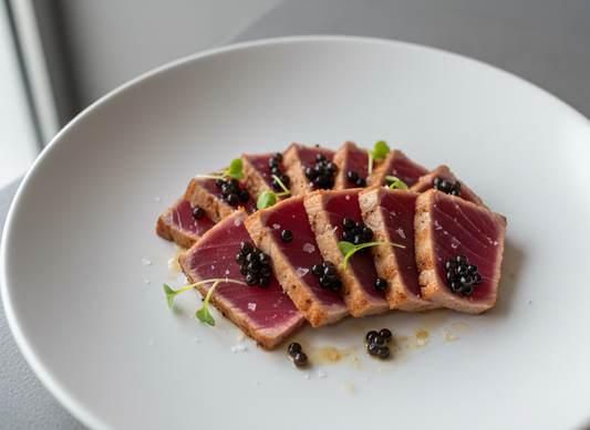 Thin slices of rare seared ahi tuna with clean edges and a ruby-red center, topped with glossy black Lemon Balsamic Pearls and microgreens on a white plate.
