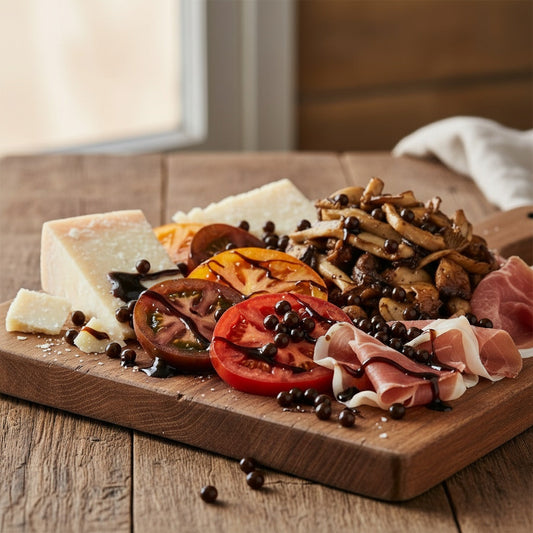 Photorealistic charcuterie board with aged parmesan, heirloom tomatoes, mushrooms, and prosciutto garnished with Sticky Balsamic pearls and elegant balsamic drizzle