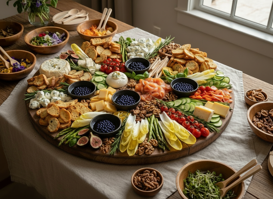 Overhead view of a canapé platter with bowls of dark and light balsamic pearls, surrounded by gourmet cheeses, crackers, vegetables, and smoked salmon.