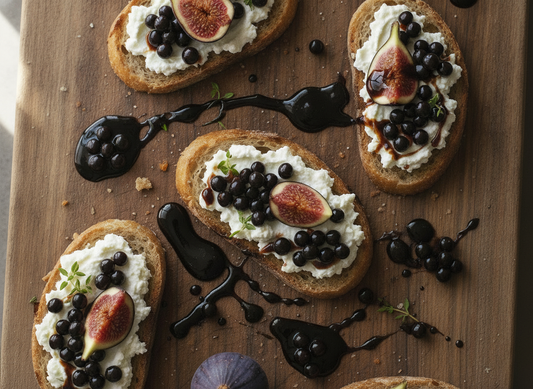 Overhead, rustic board shot of whipped ricotta crostini topped with fresh figs and dark Sticky Balsamic Pearls, finished with glossy balsamic drizzle and a few intentionally messy syrup smears and drips.