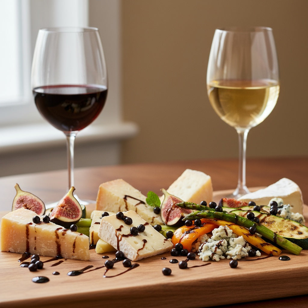 Wine pairing perfection: Red and white wine glasses with gourmet cheese board, fresh figs, and Sticky Balsamic Pearls scattered artistically on rustic wood. An elegant showcase of premium balsamic and wine combinations for sophisticated entertaining.