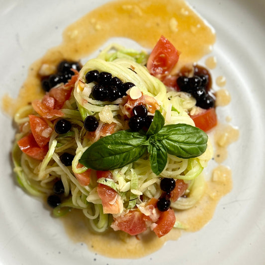 Zucchini Noodles (Zoodles) and Sticky Balsamic Pearls
