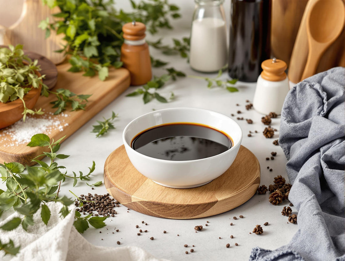 Balsamic vinegar in white bowl with kitchen storage essentials demonstrating proper preservation techniques for maximum shelf life. Can balsamic vinegar expire