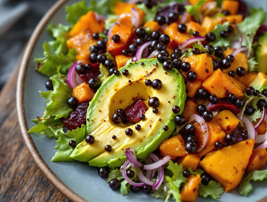 Asian-inspired avocado in salad with edamame, cherry tomatoes, and Sticky Balsamic Truffle Pearls beautifully presented