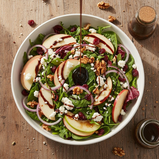 Autumn harvest salad with fresh apple slices, mixed greens, goat cheese, and candied walnuts being drizzled with dark Sticky Balsamic Apple vinaigrette in white bowl on wooden table